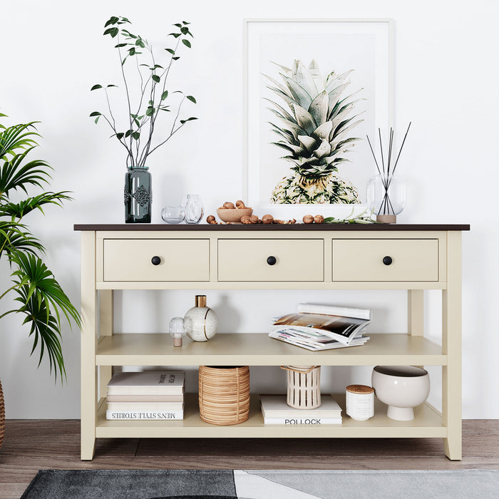 Console Wendy En Bois Massif Avec 3 Tiroirs Et 2 Etageres Ouvertes, Beige