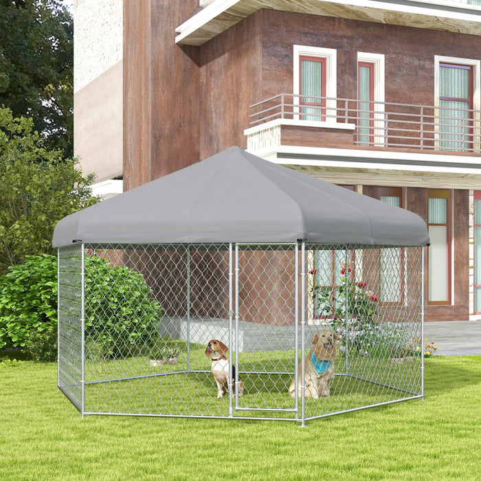 Pawhut Niche D'exterieur Pour Chien Avec Housse Impermeable Et Resistante Aux Uv Pour Chiens De Taille Moyenne Et Grande, 13.4' X 11.5' X 8.8', Argent