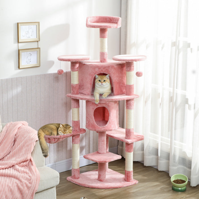 Arbre a chat de 62 pouces avec poteau a griffer pour chats d'interieur, rose