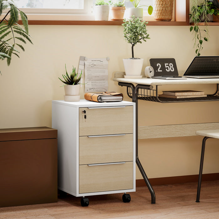 HOMCOM Armoire a Dossiers Verticale avec Serrure, Armoire a 3 Tiroirs Chene