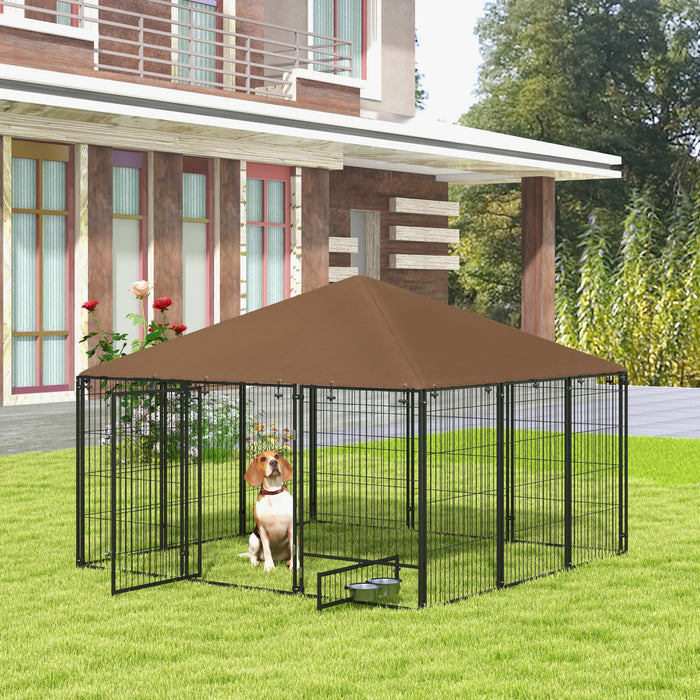 Pawhut Chenil Exterieur Pour Chien De 6,9' X 6,9' X 5' Avec Auvent, Bols Rotatifs, Porte Pour Cour Et Jardin, Cafe