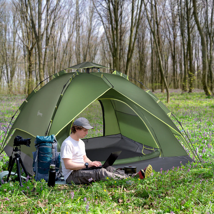 Tente De Camping Outsunny, Tente Familiale Pour 3 Personnes Avec Sac De Transport, Vert Fonce