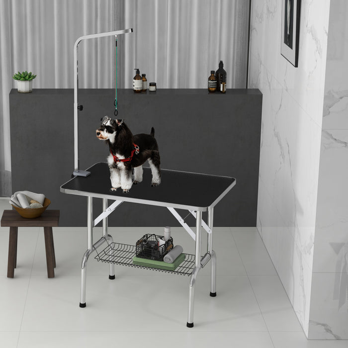 Pawhut Table De Toilettage Pour Chien Avec Bras De Toilettage Reglable En Hauteur De 8 A 39 Pouces, Etagere De Rangement, Table De Toilettage Pliable Pour Chiens De Toutes Tailles, Noir