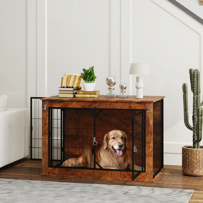 Pawhut Meuble De Niche Pour Chien De 39\" Avec Ouverture Superieure Rabattable, 2 Portes, Table D'appoint Pour Cage D'interieur Pour Grands Chiens, Marron Rustique