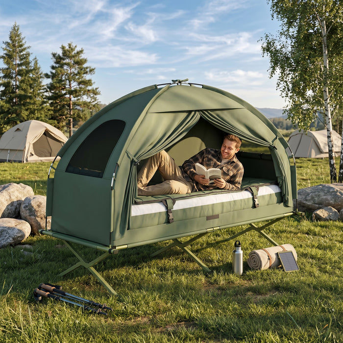 Tente-lit de camping 4-en-1 Outsunny, lit sureleve pour 1 personne avec matelas gonflable, sac de couchage et oreiller
