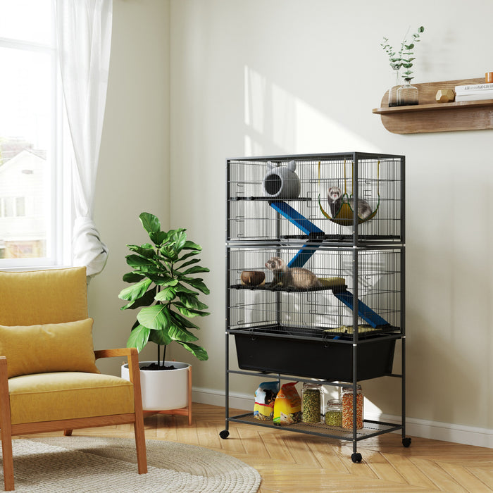 Cage pour petits animaux a 5 niveaux avec plateau profond, sur roulettes