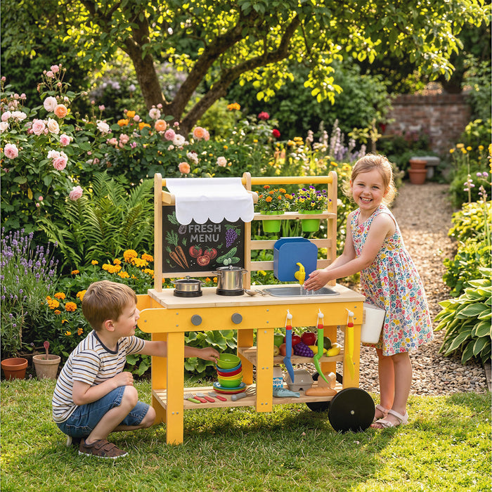 Cuisine de boue Qaba avec roues, evier, cuisiniere, etagere et tableau noir, jaune