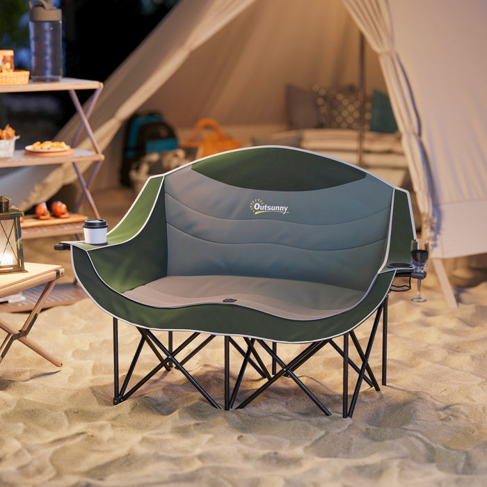 Chaise de camping double Outsunny, chaise rembourree avec porte-gobelets, vert fonce