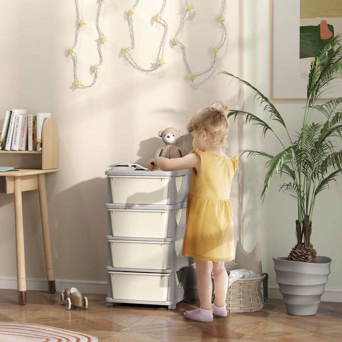 Qaba Organiseur De Jouets Pour Enfants Avec 4 Bacs De Rangement Blanc Creme