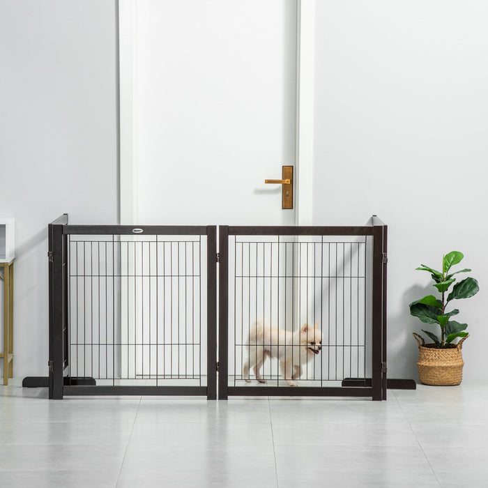 Pawhut Barriere De Securite Pour Animaux Barriere Modulable Pliable 4 Panneaux En Bois De Pin Massif 2 Pieds Support 120\" X 14\" X 32.25\" Cafe Et Noir