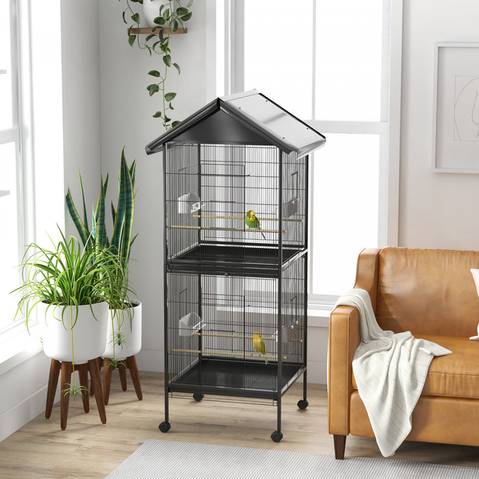 Pawhut Cage A Oiseaux En Metal Forge Avec Support Roulant, Conteneurs Alimentaires Portes Roues 67\" H, Noir