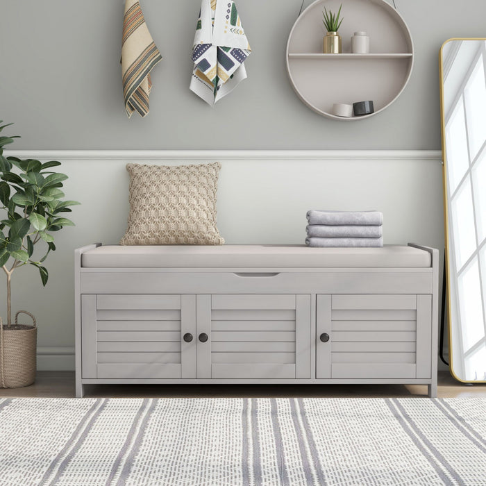 Banc De Rangement Olivia En Pin Avec Meuble A Chaussures 3 Portes Et Compartiment Cache, Gris Patine