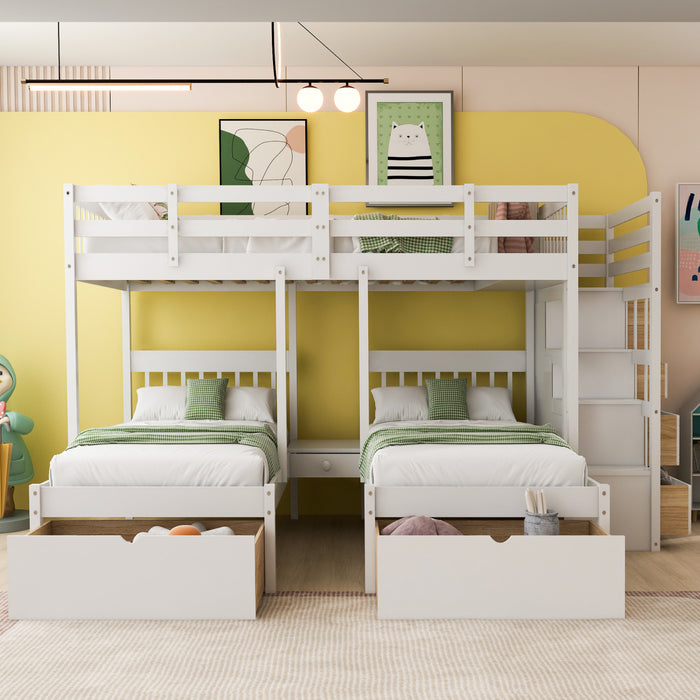 Lit Superpose Triple Simple Claire En Bois Massif Avec Tiroirs Et Barrieres De Securite - Blanc