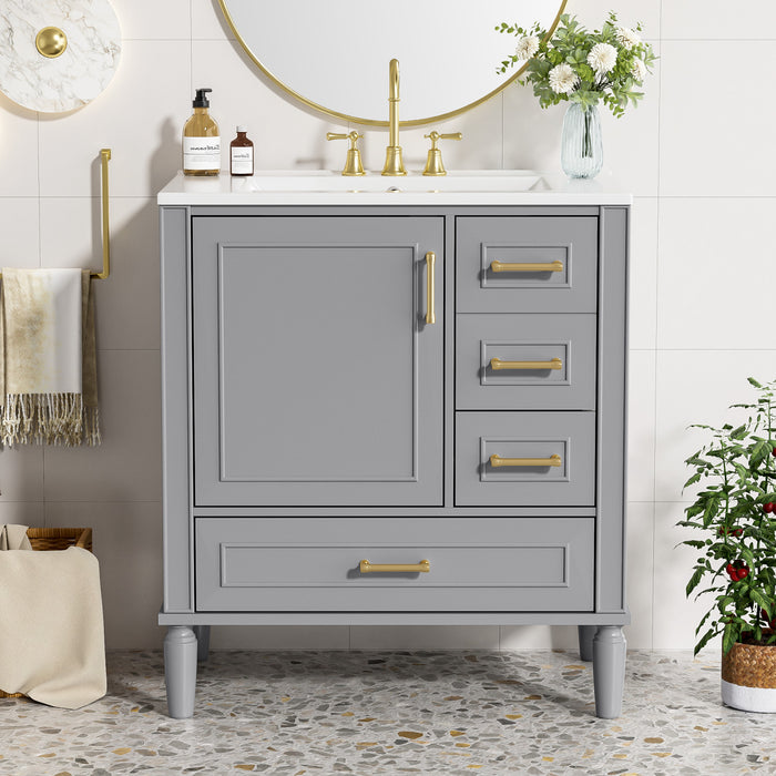 Emerson Meuble de salle de bain 30 pouces avec vasque en ceramique et trois tiroirs, Gris