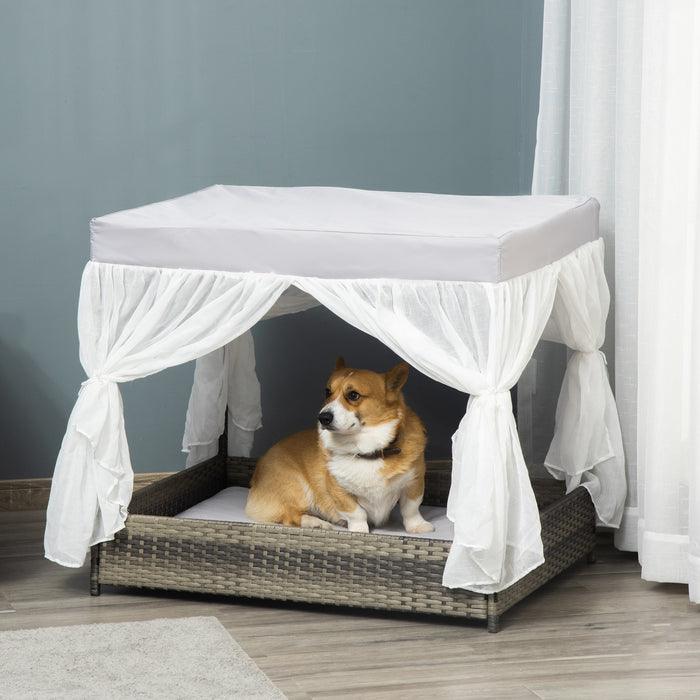 Pawhut Niche Pour Chien En Osier Avec Toit Resistant Aux Intemperies, Canape Sureleve Pour Animal De Compagnie, Lit Chien Chat Interieur Exterieur Terrasse Jardin, Pour Chiens De Taille Moyenne, Gris
