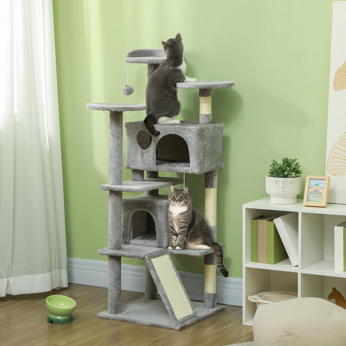 Pawhut Arbre A Chat De 54\" Tour A Chat Pour Chats D'interieur Avec Griffoirs, Condos Pour Chats, Lit, Plates-formes, Rampe, Balle Jouet, Centre D'activites Pour Chat, Gris Clair