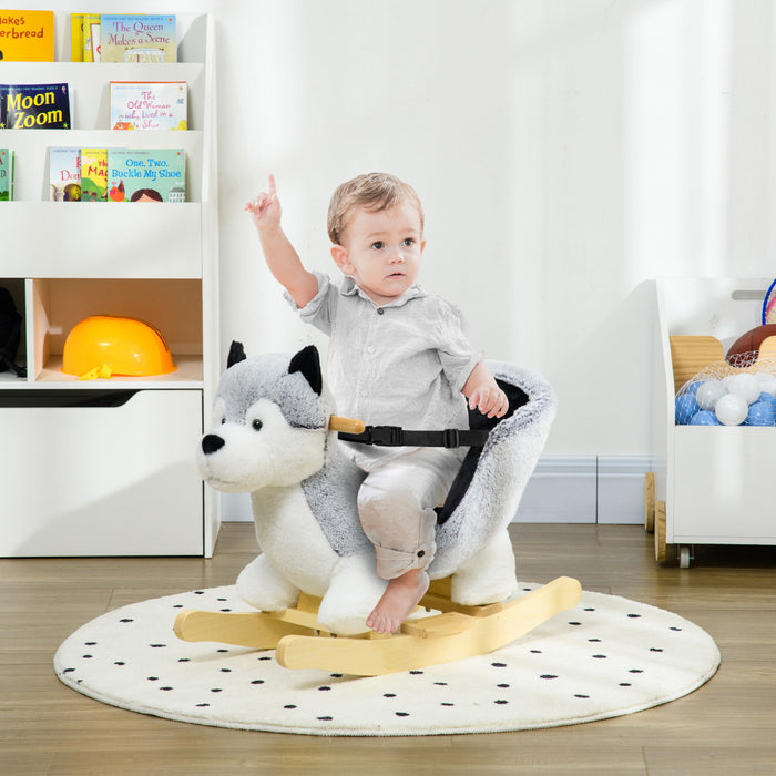 Qaba cheval A Bascule En Peluche Pour Enfants, Jouet A Bascule En Peluche En Forme De Husky Avec Des Sons Realistes, Base En Bois, Ceinture De Securite, Pour Enfants De 18 A 36 Mois, Gris