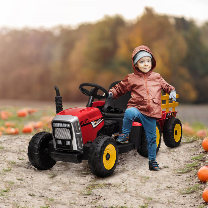 Aosom Tracteur Pour Enfants 12 V Avec Remorque, Tracteur Electrique Alimente Par Batterie Avec Telecommande, Son De Demarrage Musical Et Klaxon, Usb, Lumieres Led, Rouge