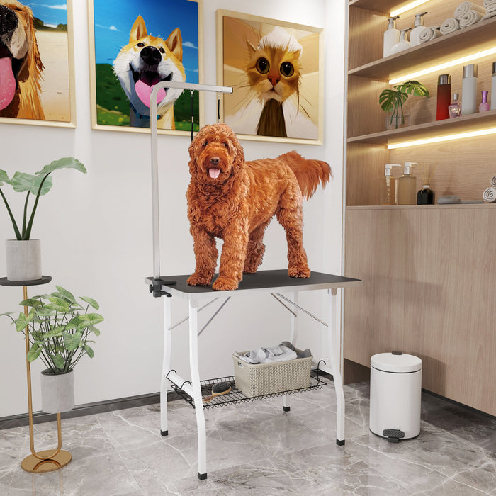 Pawhut Table De Toilettage Pour Chien Avec Bras Reglable, Table De Toilettage Pliable Avec Plateau En Maille, Deux Nœuds, Surface En Caoutchouc, 35\" X 24\" X 30\", Noir