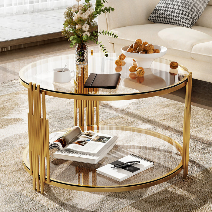 Table Basse Ronde Jonas De 31,5\" En Verre Trempe Avec Etagere Inferieure, Transparente