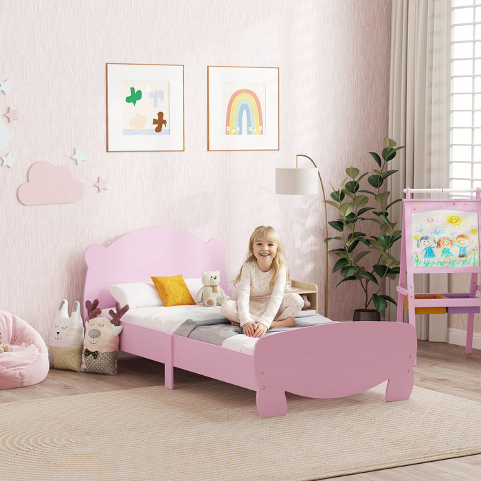 Qaba Cadre de lit double pour enfants, plateforme pour tout-petits avec tete et pied de lit en forme d'ours, support a lattes, Matelas non inclus, pour garcons et filles de 3 a 12 ans, rose