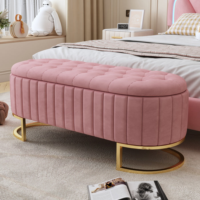 Banc de rangement elegant Amelia en velours capitonne avec pieds en metal, rose