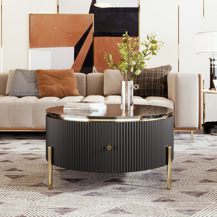 Table Basse Ronde Moderne Nelson De 31,5\" Avec 2 Tiroirs De Rangement, Noire