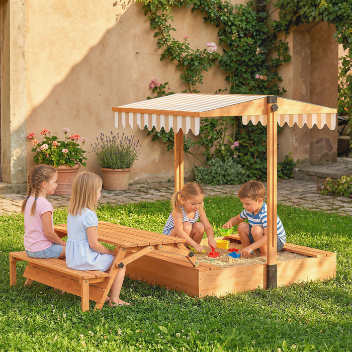 Qaba Bac a Sable en Bois pour Enfants avec Auvent, Table de Pique-Nique Pliable, Bancs