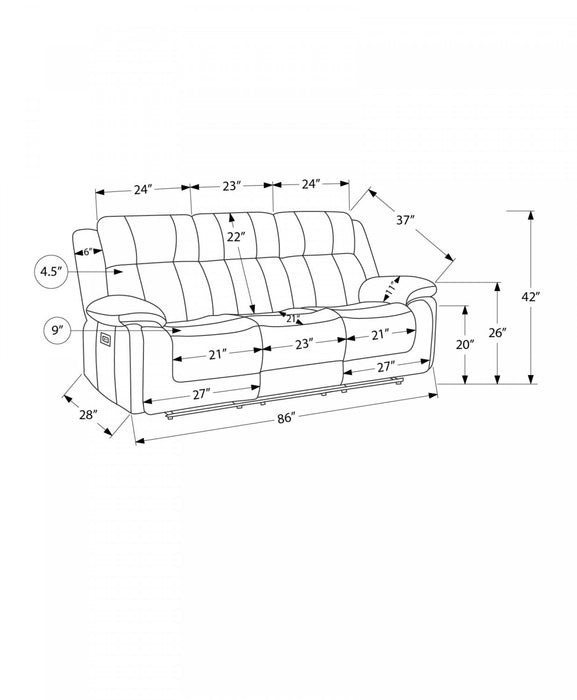 Sofa Rembourre 3 Places Inclinable Electrique, 85\"L, Port Usb Inclus, Tissu Gris Clair