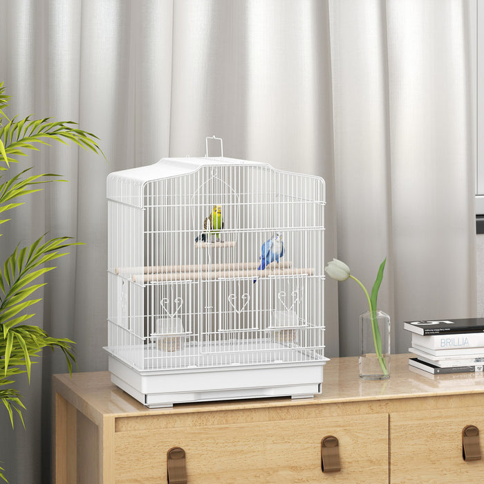 Cage a oiseaux PawHut 58 cm (H) pour pinsons, canaris, perruches et perroquets, avec poignee et accessoires, blanche.