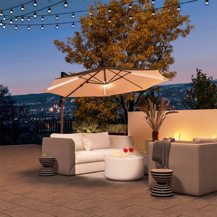 Outsunny Parasol De Terrasse De 10pi Avec Base, Lampes Solaires, Kaki