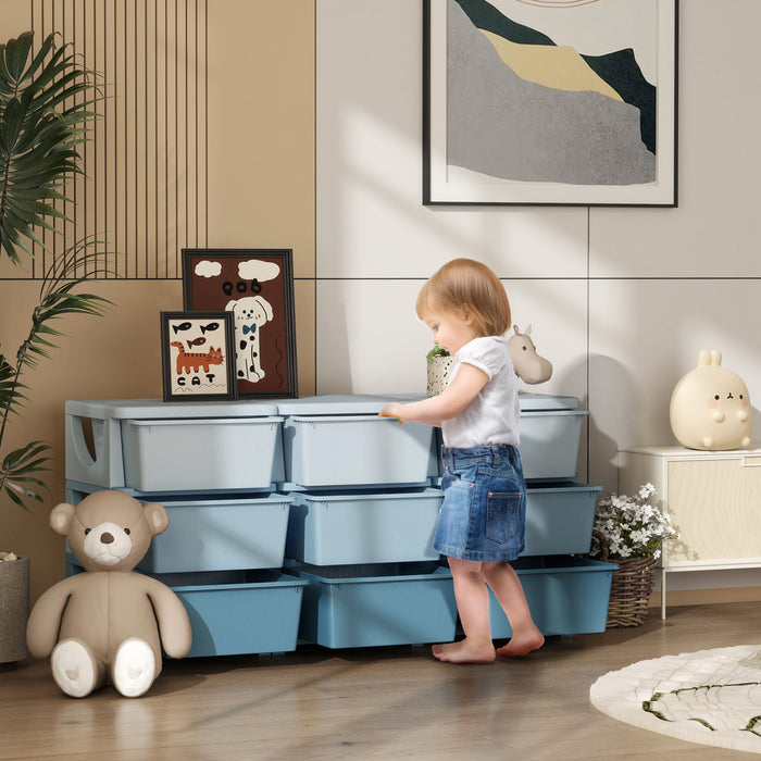 Qaba Organiseur De Jouets A 3 Niveaux Avec 9 Bacs De Rangement, Bleu