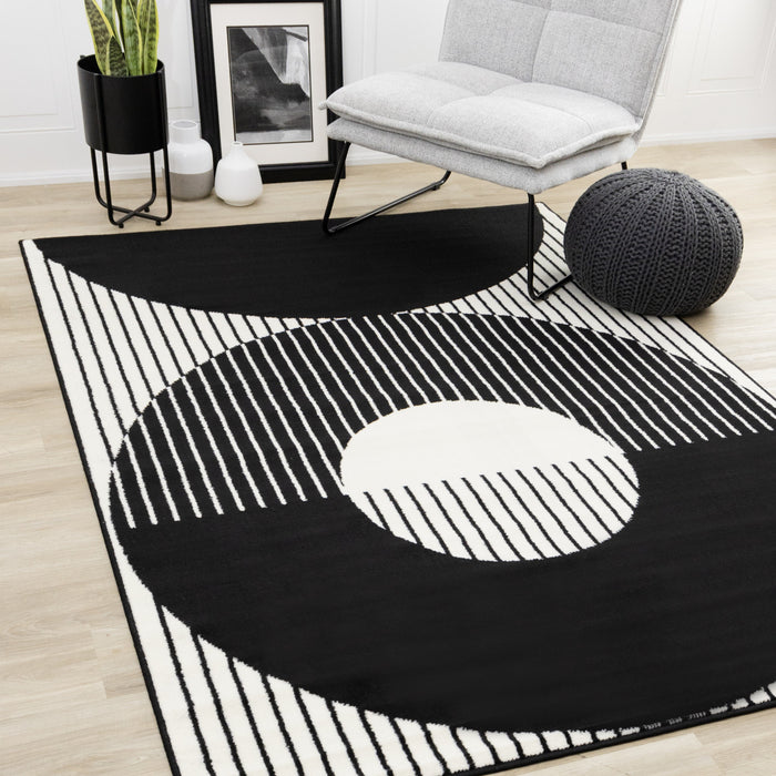 Florence rayures noires et blanches et cercles creux, design moderne, 4'7\" x 6'7\"