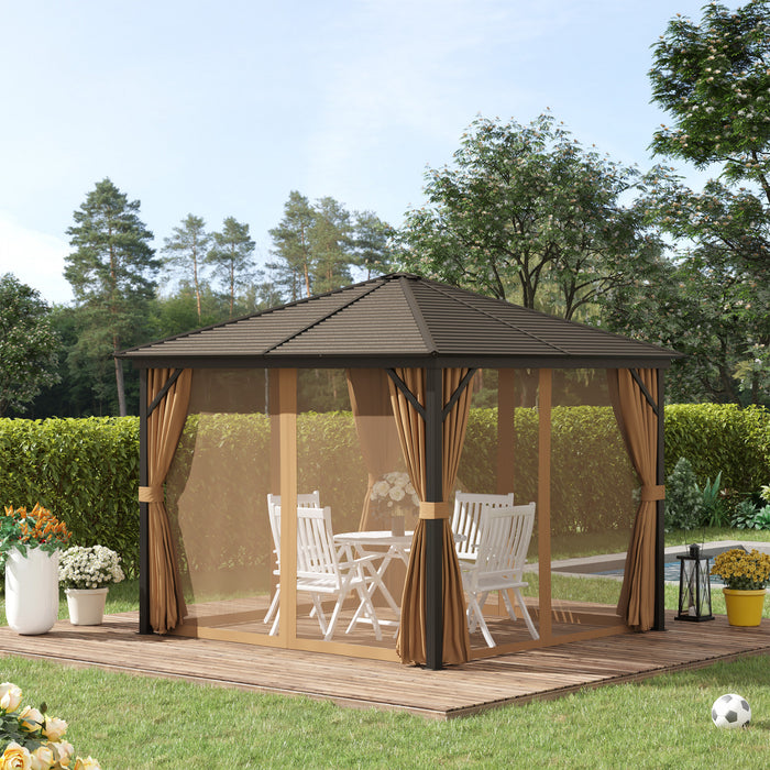 Outsunny 10' X 10' Acier Hardtop Gazebo Garden Sun Shelter Avec Moustique Crochet De Suspension Pour Filets Et Rideaux Cadre Abri De Jardin En Acier Dur Avec Moustiquaire Et Rideaux