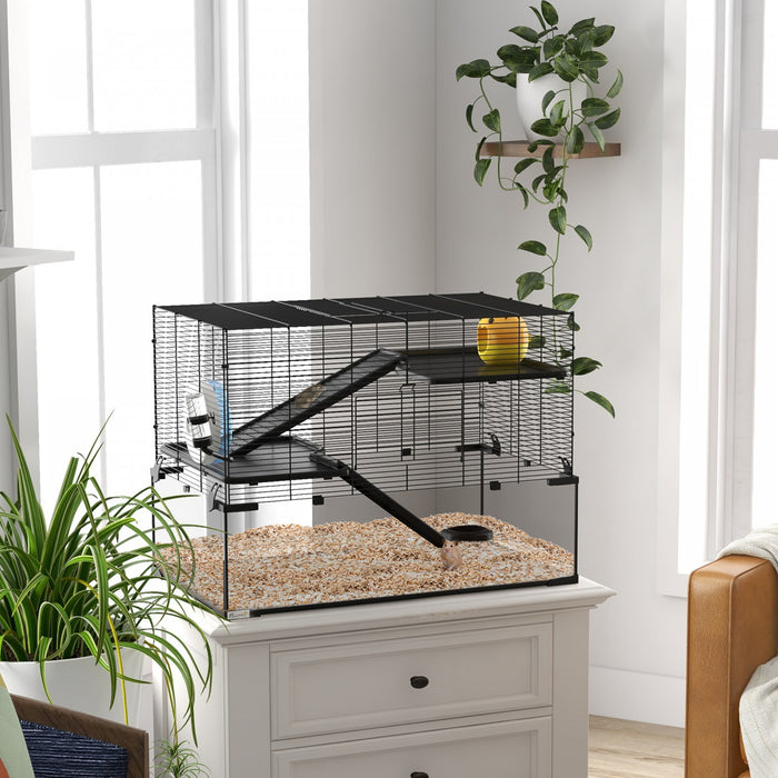 Pawhut Cage A Hamster, Cage A Gerbilles Avec Bassin En Verre, Rampes, Plates-formes, Cabane, Roue D'exercice, Pour Hamsters Syriens Et Nains, Noir