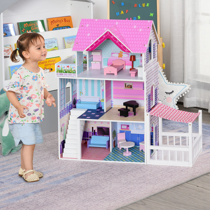Qaba 2.9pi Maison De Poupee En Bois Enfants Maison De Reve Villa Avec Patio Kit D'accessoires De Meubles Pour Tout-petits Filles Maison A Plusieurs Niveaux Pour Enfants Rose