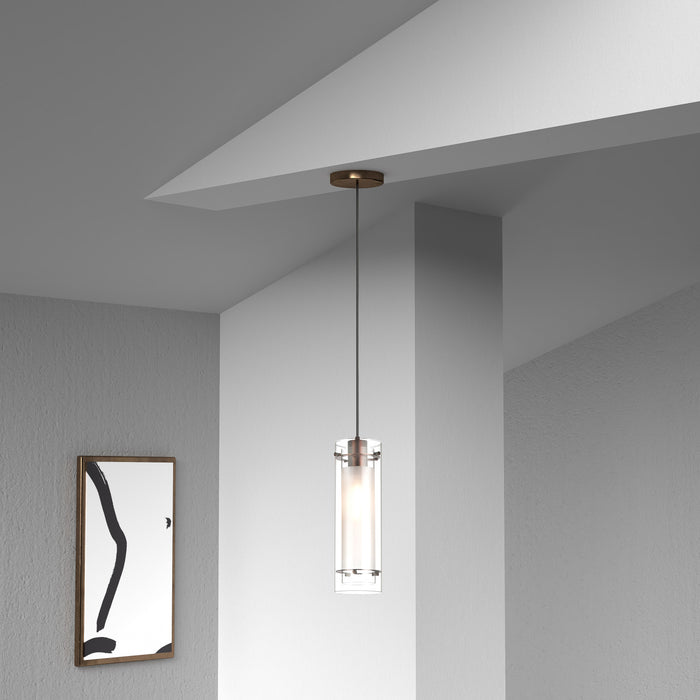 Luminaire suspendu Pasha de Dainolite en verre transparent et givré, avec fini bronze brossé huilé et 1 ampoule