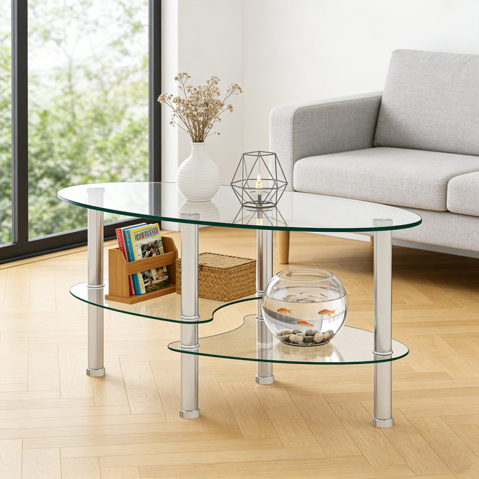 Table basse ovale transparente moderne Sophia en verre avec pieds en acier inoxydable, transparente