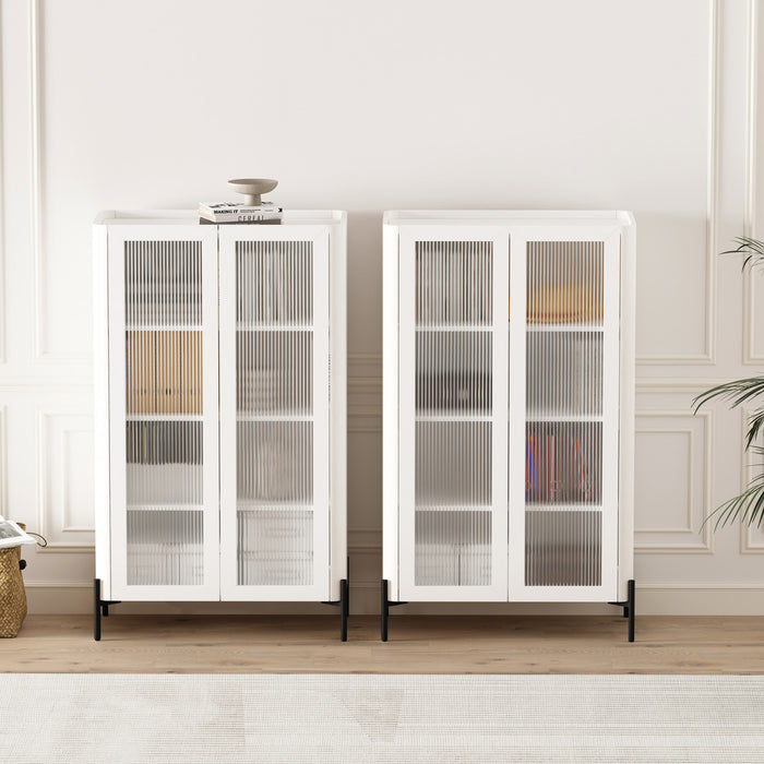 Armoire bibliotheque moderne Abbey 32\" en verre trempe blanc (4 etageres) - Lot de 2