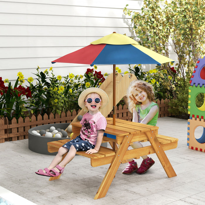 Outsunny Table De Pique-nique Pour Enfants, Table De Sable Et D'eau 3 En 1 En Bois Avec Parapluie Pliable Amovible, Plateau Amovible Pour Terrasse, Pelouse, Jardin, Ages De 3 A 6 Ans, Teck