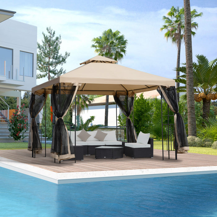 Outsunny 10x10ft Patio Gazebo Exterieur Double Top Pavillon Auvent Jardin Evenement Fete Tente Abri Cour Pare-soleil Cadre En Acier Avec Moustiquaire