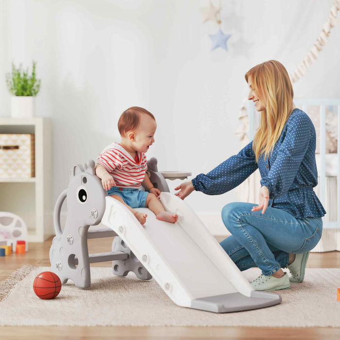 Toboggan Qaba pour Enfants avec Grimpeur et Panier de Basket, Aire de Jeu 3 en 1, Gris
