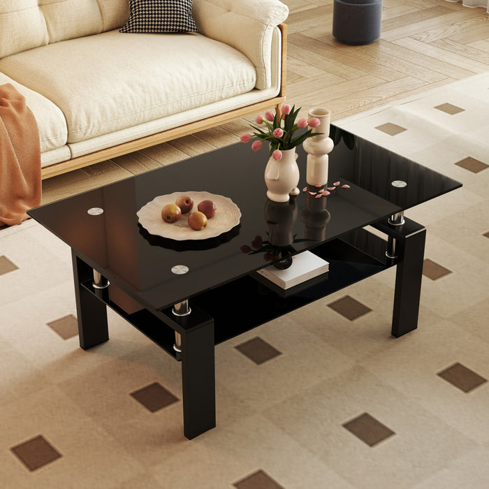 Table basse moderne rectangulaire en verre trempe transparent Liam, avec pieds noirs