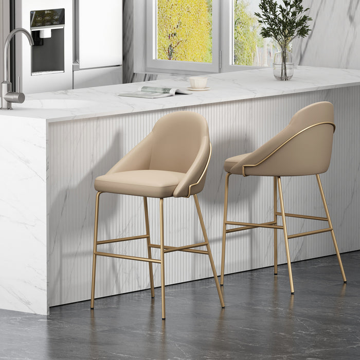 Tabouret de bar moderne en metal Gracie avec revetement en tissu, couleur beige et or - Lot de 2