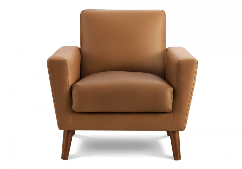 Chaise D'Appoint Rembourre, 34\"L, Apparence Cuir Cognac, Pieds En Bois De Noyer