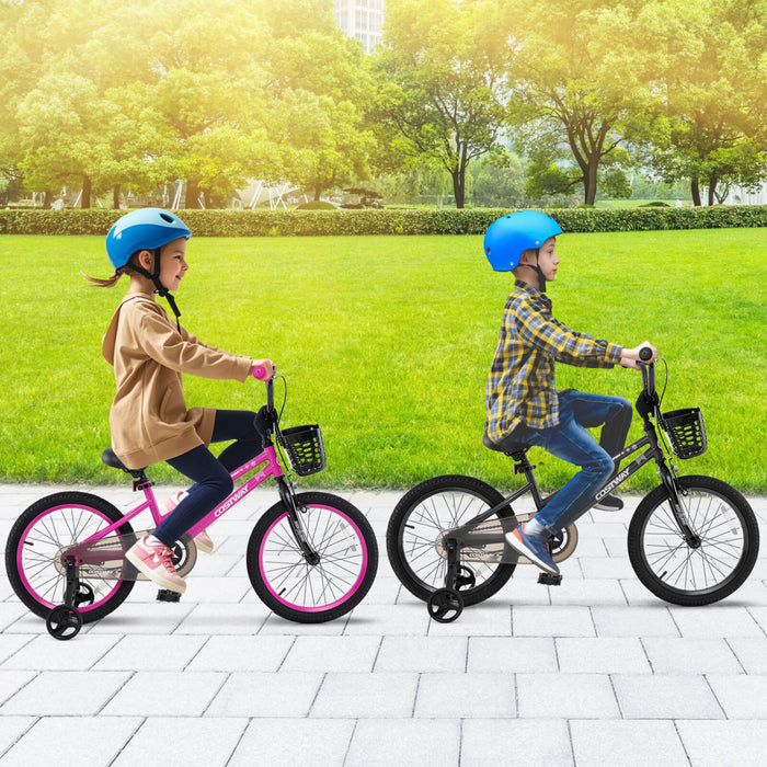 Costway 18\" Velo Pour Enfants Avec Roues D'entrainement Guidon Reglable Et Frein A Main De Siege Rose