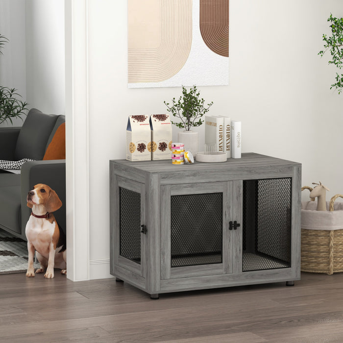 Pawhut Pet Crate Table De Bout Avec Coussin Resistant A L'eau, Meubles De Caisse A Chiens A Double Porte Pour Grands Petits Chiens Moyens, Chenil En Bois En Bois Pour Un Usage Interieur, Gris