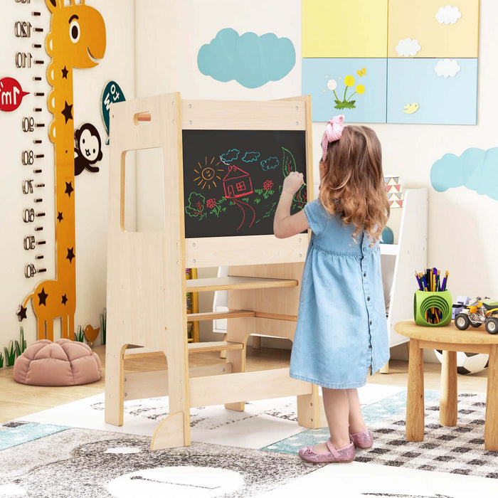 Tabouret D'etape De Cuisine Costway Pour Tout-petit Enfant Avec Tableau A Bois D'activite Reglable En Hauteur Et Rail De Securite Beige