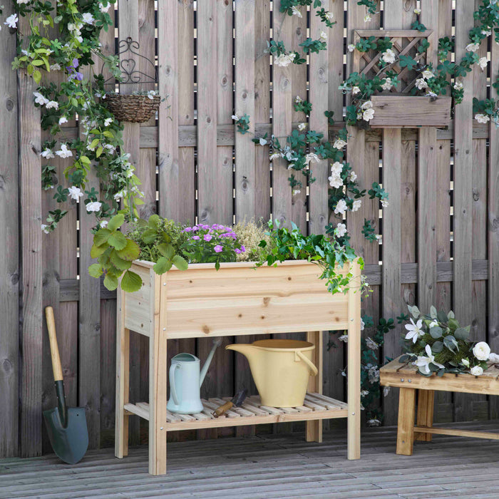 Outsunny Lit De Jardin Sureleve En Bois Avec Etagere De Rangement Naturel