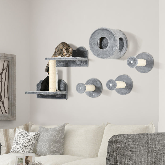 Pawhut 5 Pieces Etageres Murales Pour Chat, Ensemble D'etageres D'escalade Murales Pour Animaux De Compagnie, Centre D'activites Pour Chaton Avec Condo, Coussin, Griffoir, Plate-forme De Saut, Marron